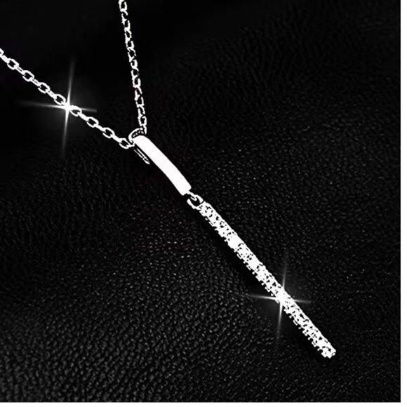Necklace Sterling Silver Long Cubic Zirconia Oblong Pendent w/Square Settings - Picture 3 of 6